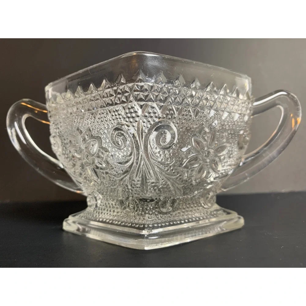 Vintage Clear Pressed Glass Sugar Bowl Diamond Point Floral Scroll Double Handle